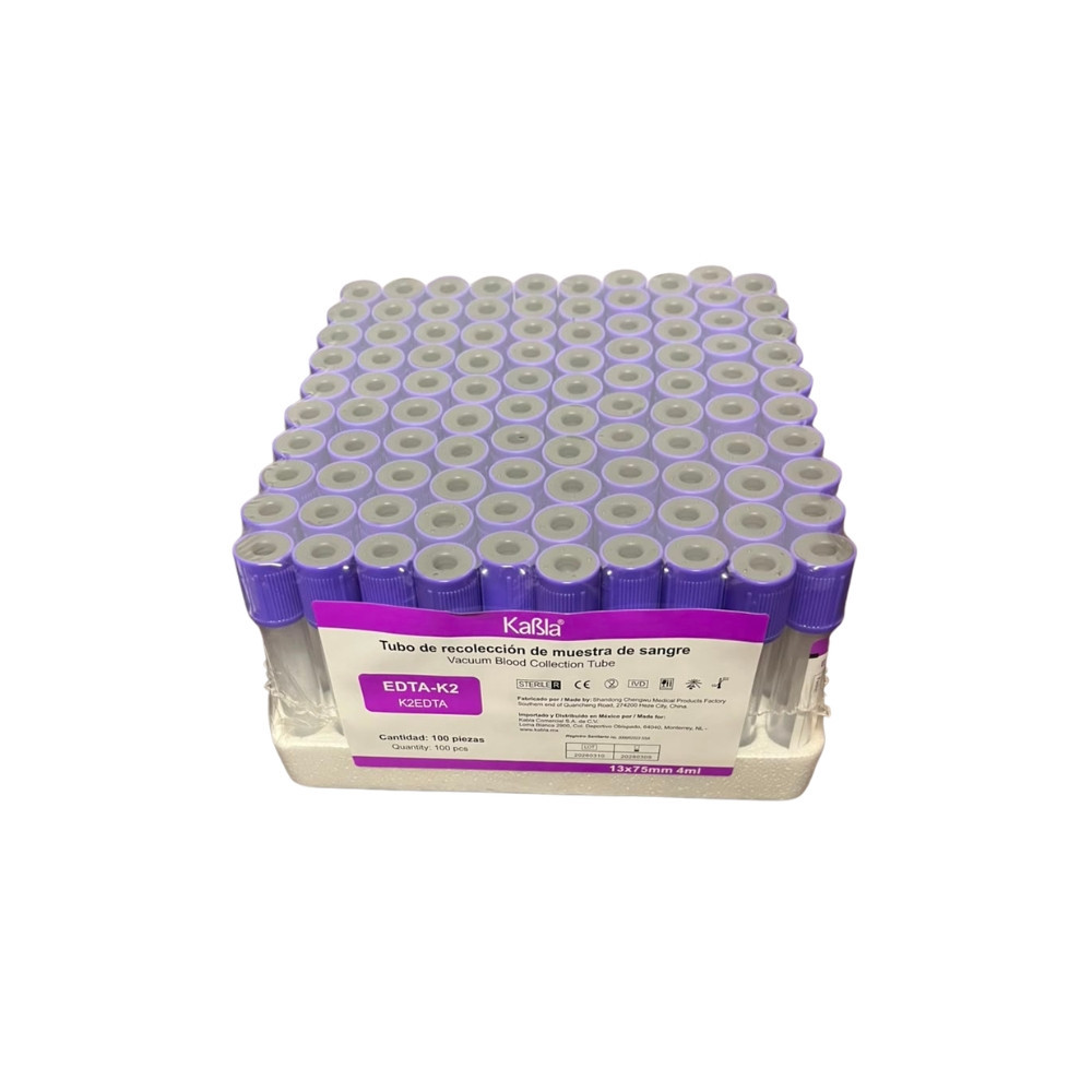 Tubo tipo vacutainer para Recolección de Sangre 4 mL – Tapa Morada – Caja con 100 piezas